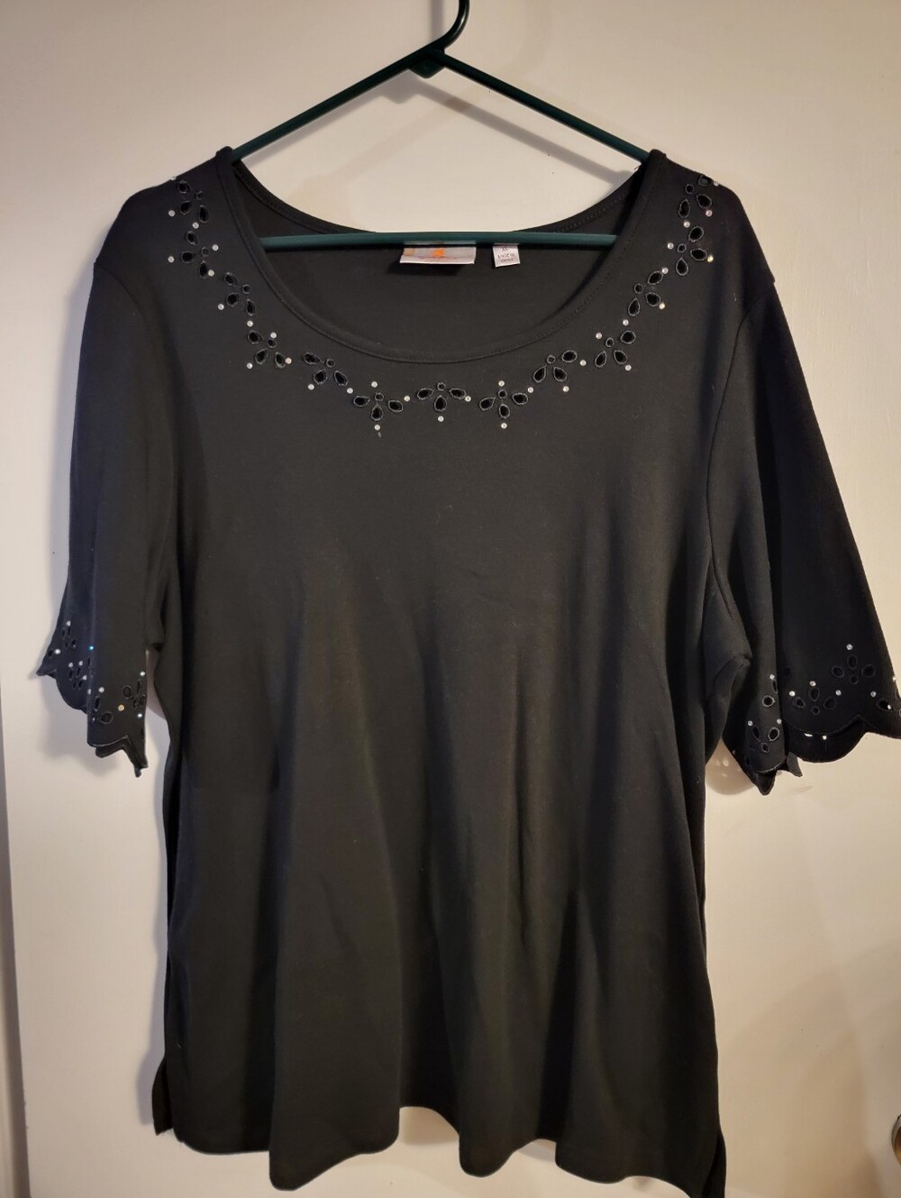 Quacker Factory Black Short Sleeve Scoop Neck Top with Rhinestone Eyelet Detail